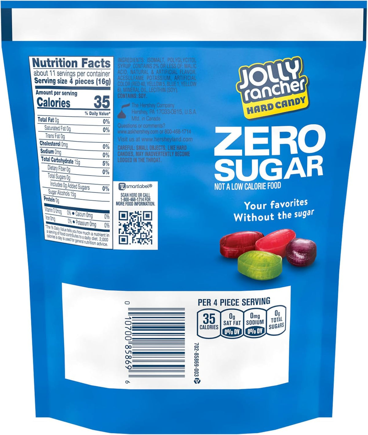 Close up of colorful Jolly Rancher Zero Sugar assorted fruit candy pieces