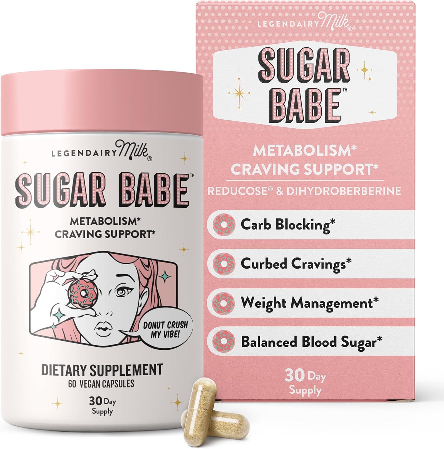 Legendairy Milk Sugar Babe bottle front view showing carb blocker supplement