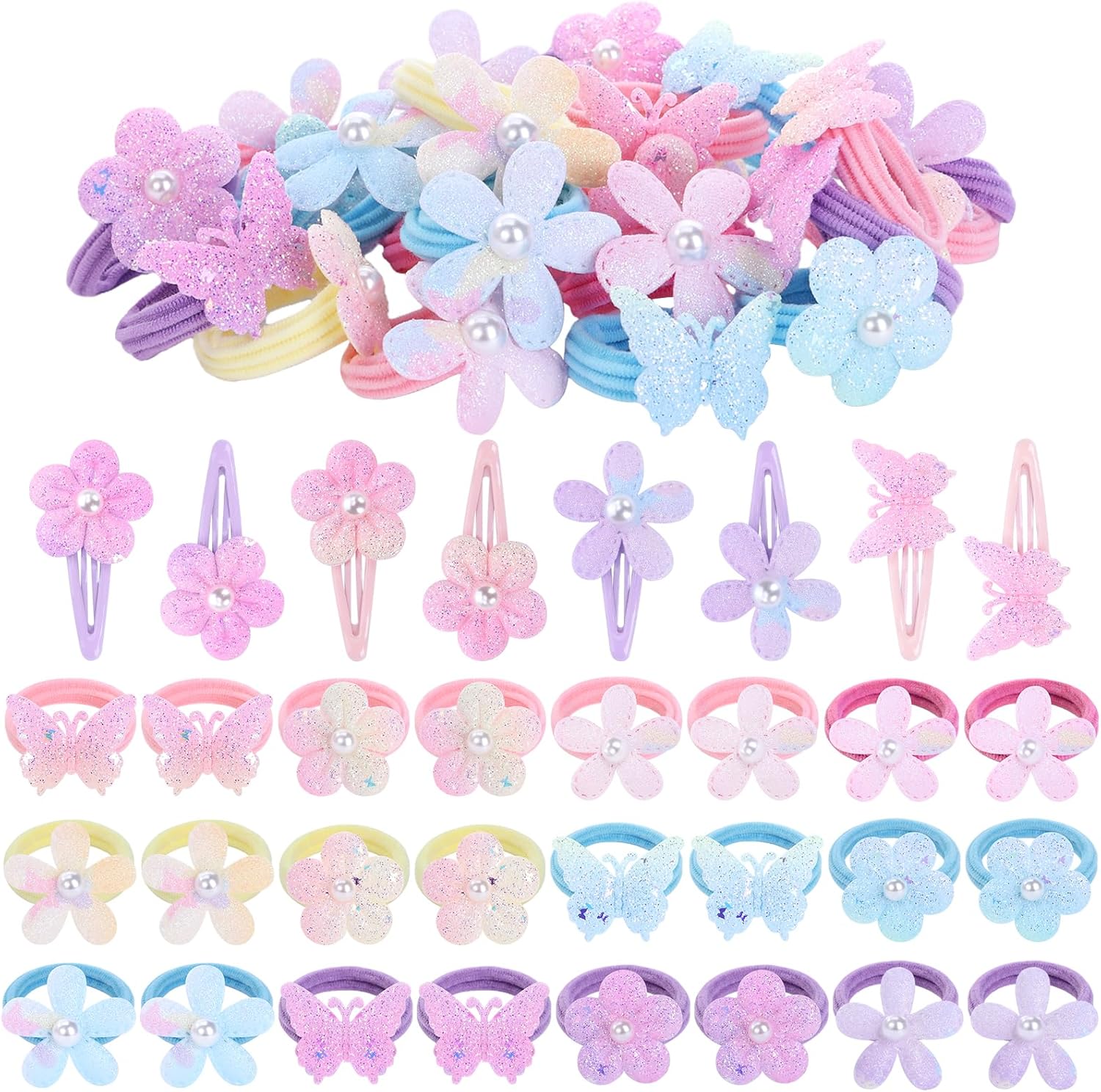 Santoddle 32 Piece Toddler Sparkly Hair Ties front view showcasing colorful flower and bow clips