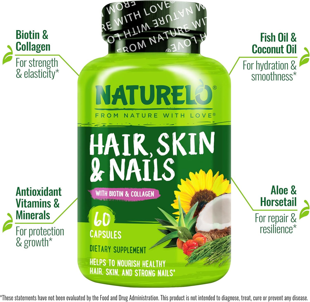 Naturelo hair skin and nails 60 capsules bottle label details