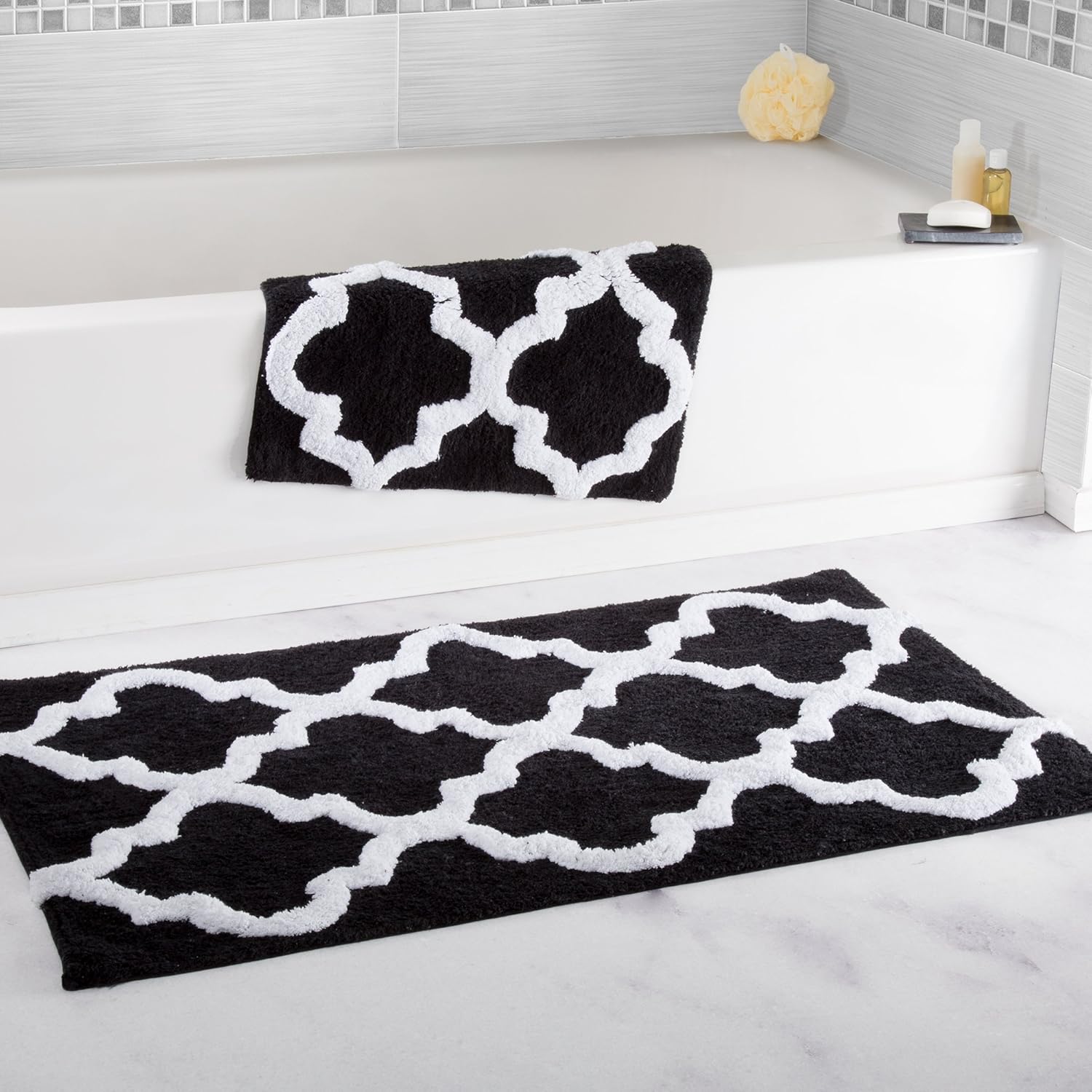 Bedford Home 2 piece trellis bathroom mat set front view high premium cotton imported home textile decor