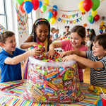 Close up look at the colorful variety of American party candies.