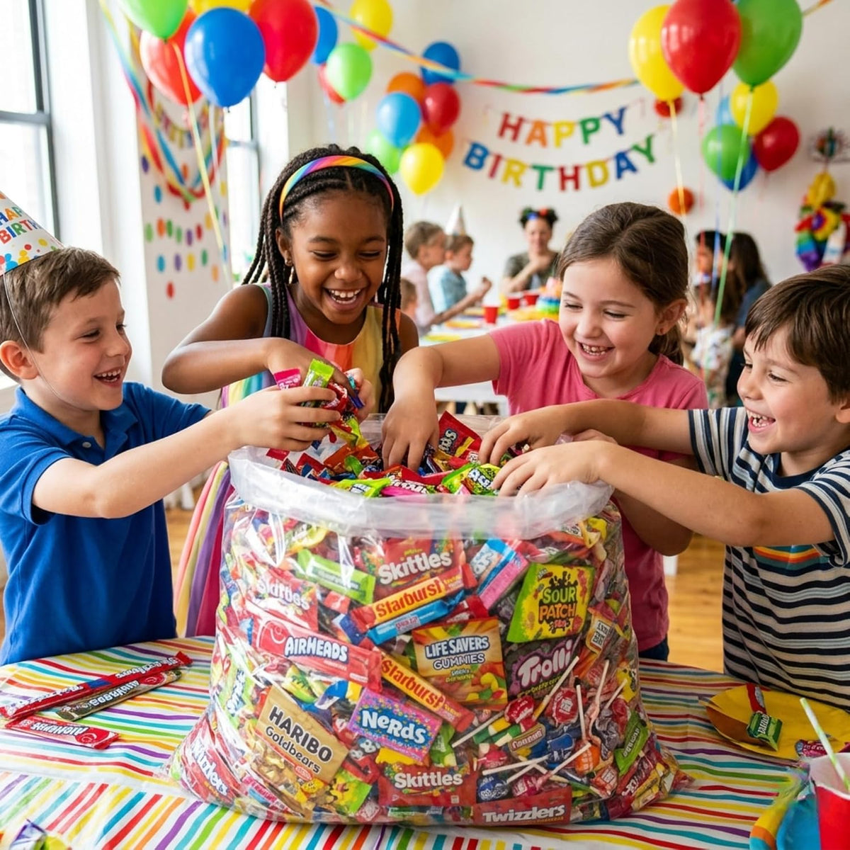 Close up look at the colorful variety of American party candies.