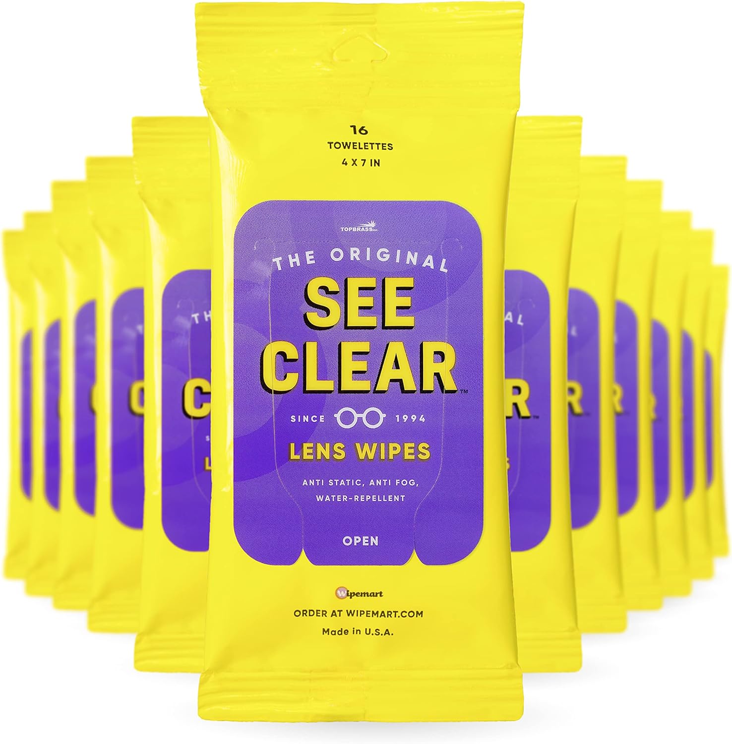 See Clear Original Lens Cleaning Wipes - Pre-Moistened Eyeglass & Screen Cleaning Cloth Towelettes - Streak Free, Scratch Free Lens & Electronic Screen Cleaner - 12 Resealable Packs of 16 (192 Wipes) - Image 1