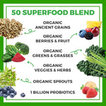Nutrition facts label of Orgain fifty superfoods blend showing probiotic content