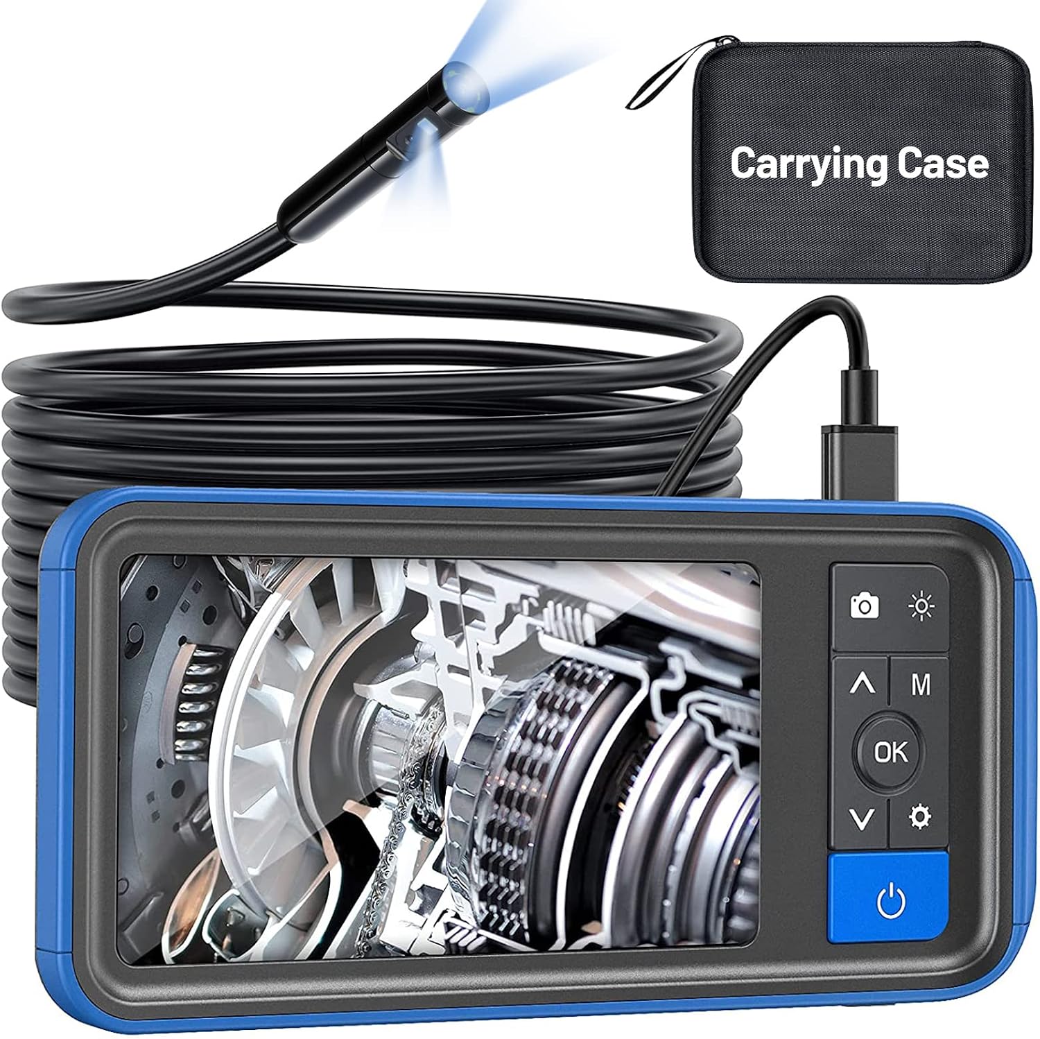 Teslong MS450 dual lens endoscope front view with screen
