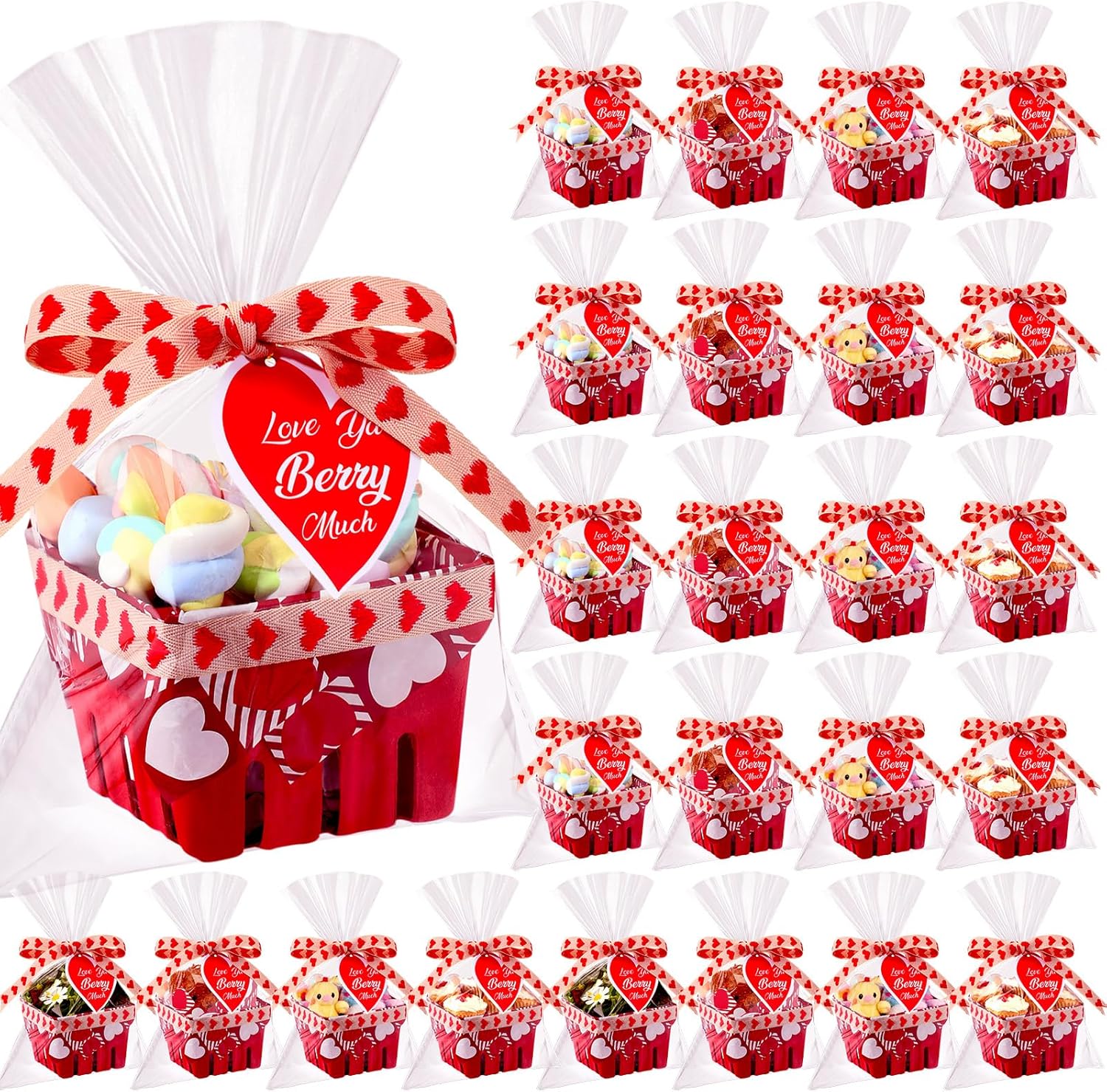 Mimorou small red Valentines Day gift baskets front view filled with holiday candies.