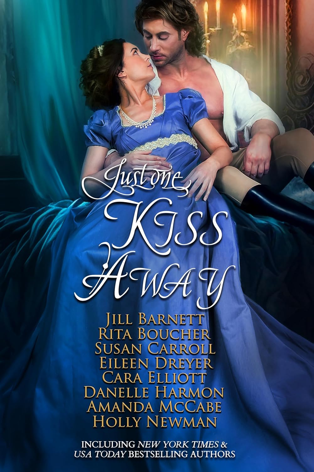 Oliver Heber Books Just One Kiss Away front cover artwork depicting a Regency era couple in dramatic attire.
