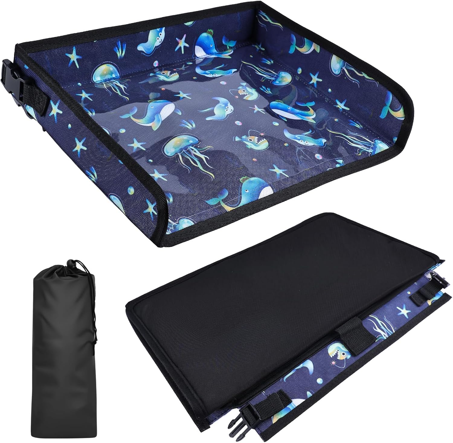 Babepets airplane tray table cover for kids in whale blue front view