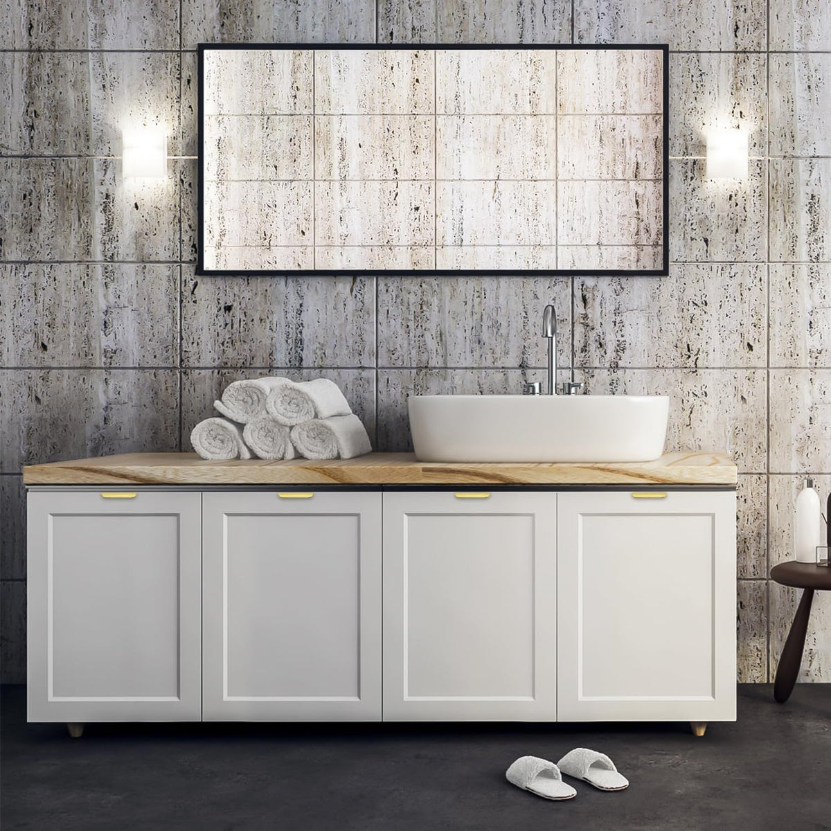 Modern kitchen drawers with gold edge pulls installed