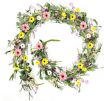 YLOLUL artificial wildflower wisteria lavender daisy summer flower vine garland front view displayed on a fireplace mantel.