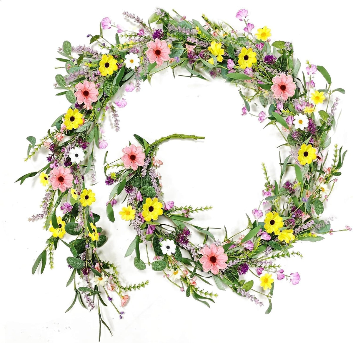 YLOLUL artificial wildflower wisteria lavender daisy summer flower vine garland front view displayed on a fireplace mantel.