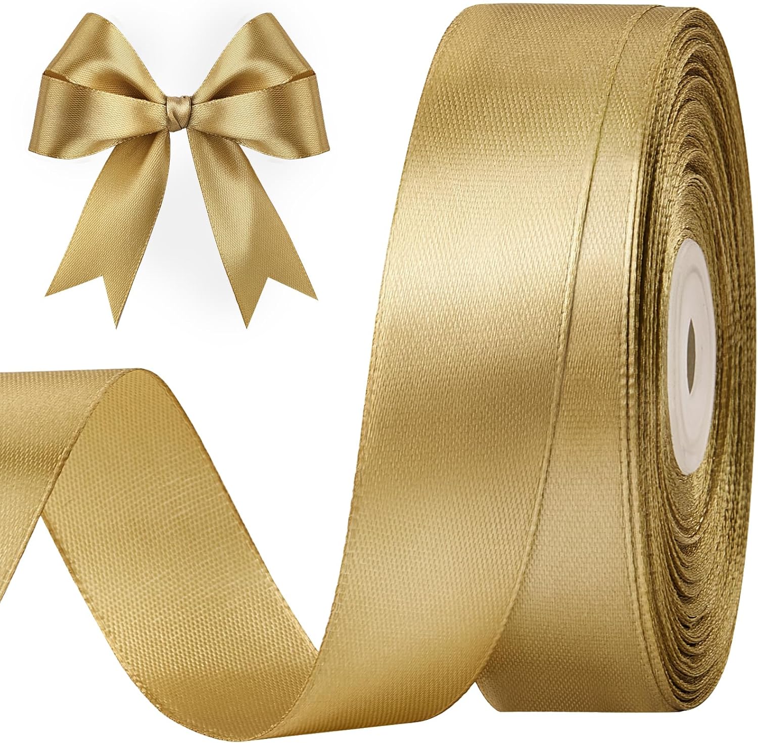 Cluewr champagne gold satin ribbon roll front view