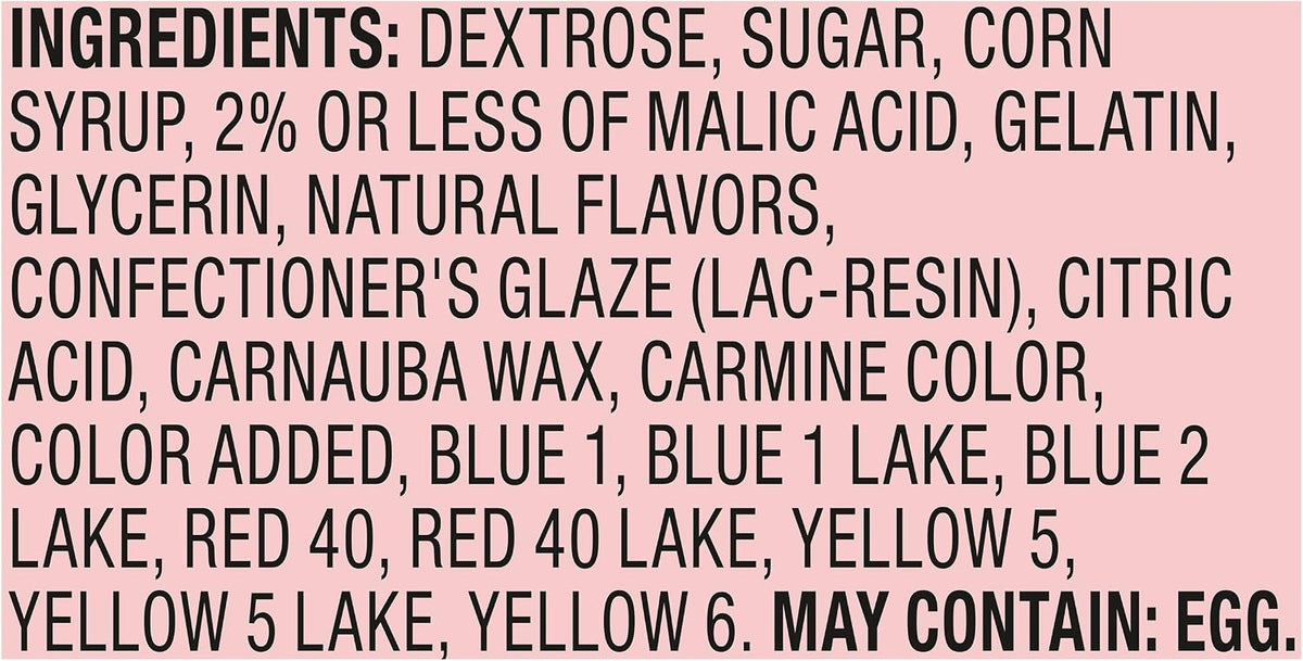 Crunchy tangy rainbow candy coating on a soft red gummy core
