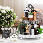 Mifoci rustic wooden signs displayed on a kitchen tiered tray
