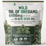 PURETREX Wild Oil of Oregano 6000mg front view packaging showing 300 vegan softgels container for immune support
