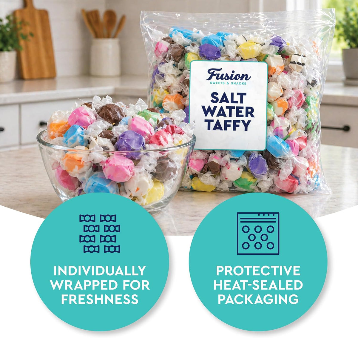 Fusion Sweets And Snacks Assorted Salt Water Taffy back label nutrition facts ingredients