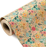 WRAPAHOLIC Kraft Floral Wrapping Paper Roll front view featuring vibrant garden flower design on brown paper background.