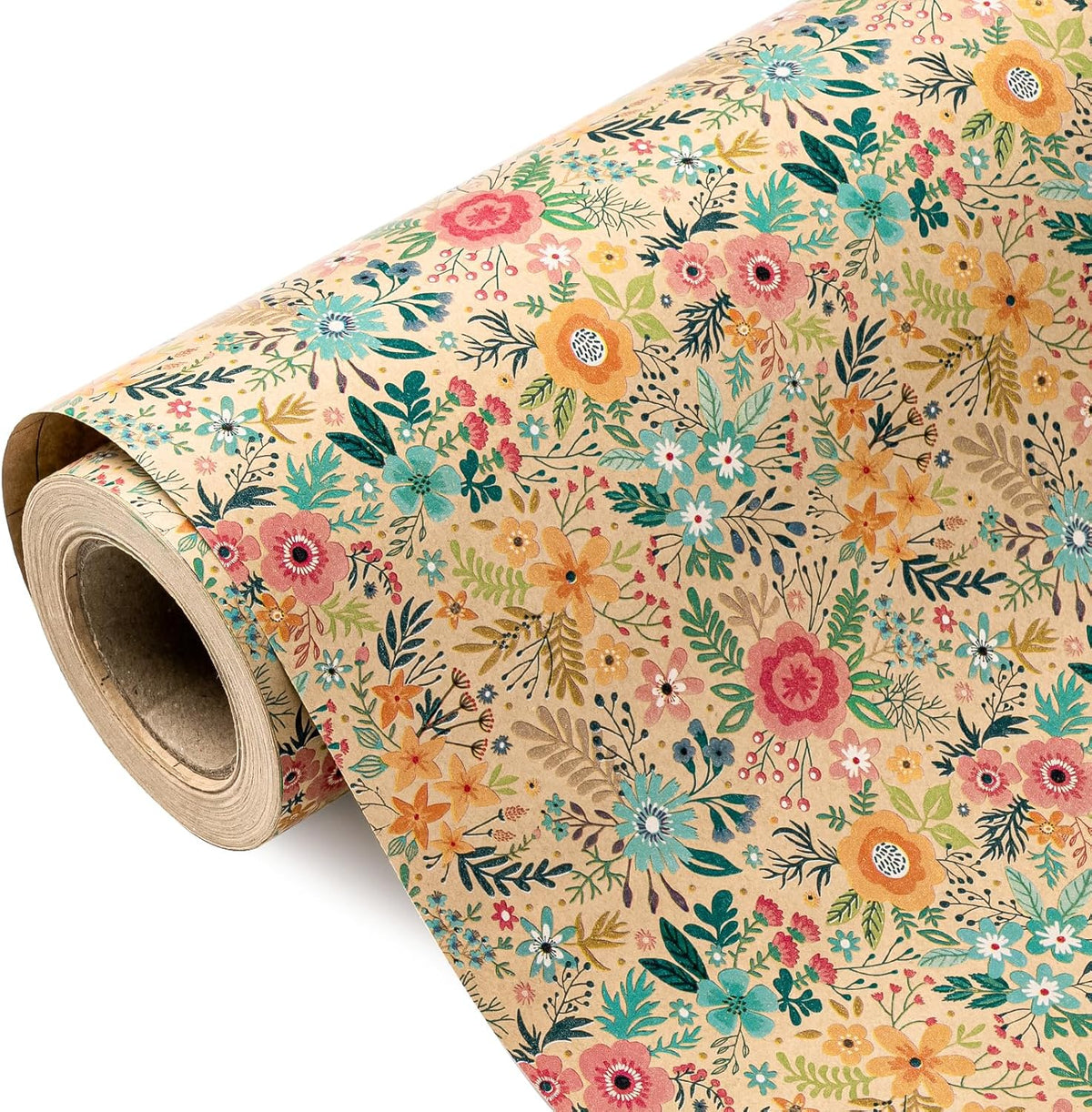 WRAPAHOLIC Kraft Floral Wrapping Paper Roll front view featuring vibrant garden flower design on brown paper background.
