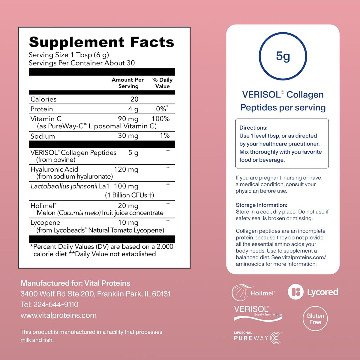 Vital Proteins Professional Bioactive Collagen Complex nutritional facts panel