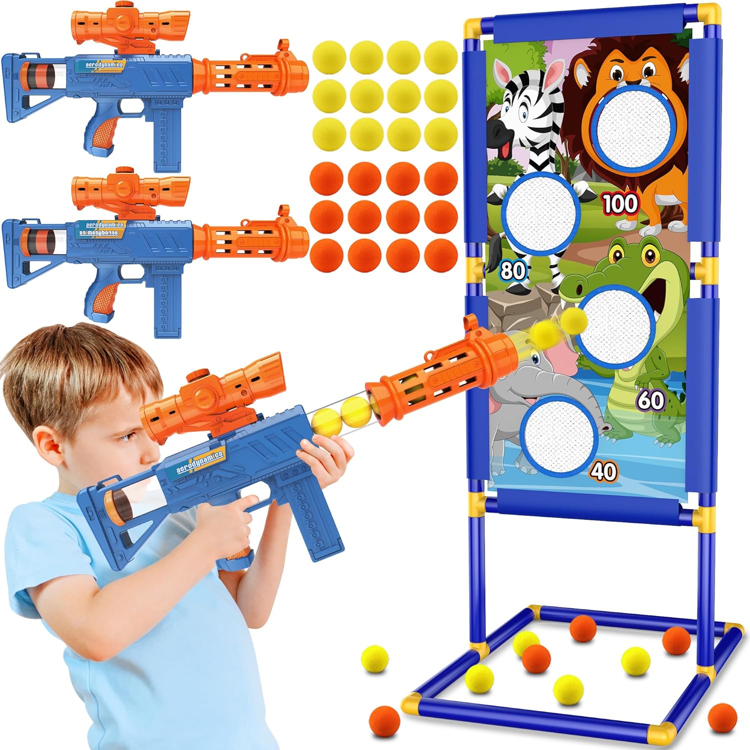 Kkones shooting game toy with two blue blasters and target board.