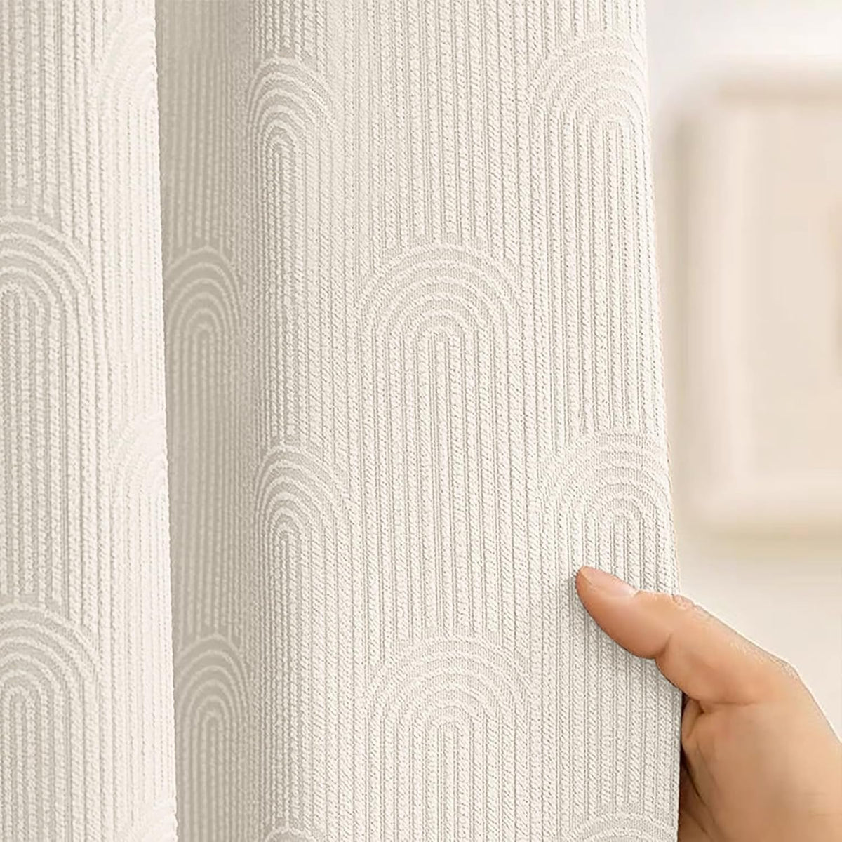 NDDYCU Cream Boho Arch Shower Curtain front view hanging elegantly on a bathroom rod.