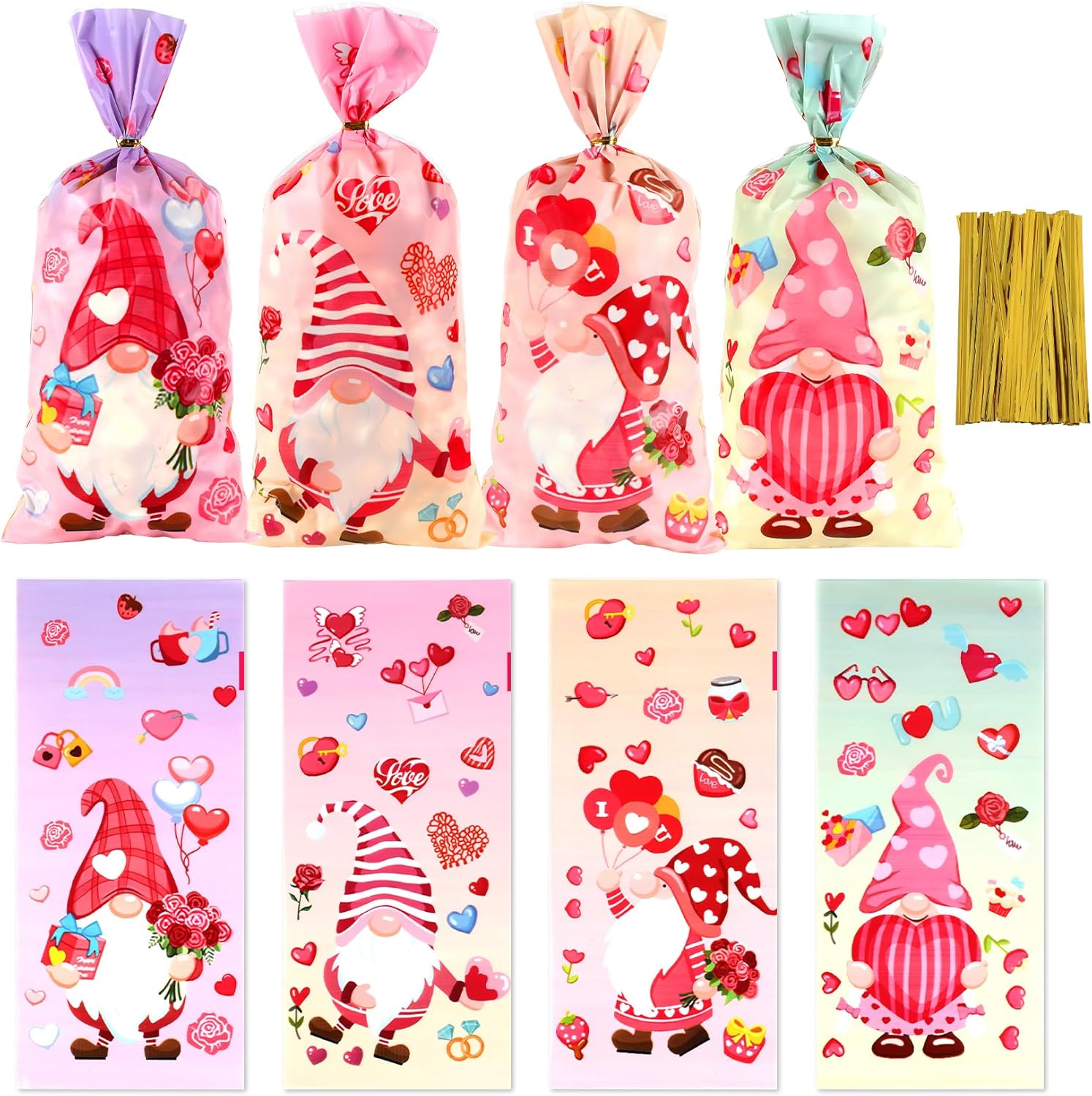 IdyllicStyle Valentine cellophane goodie bags front view showing red heart patterns