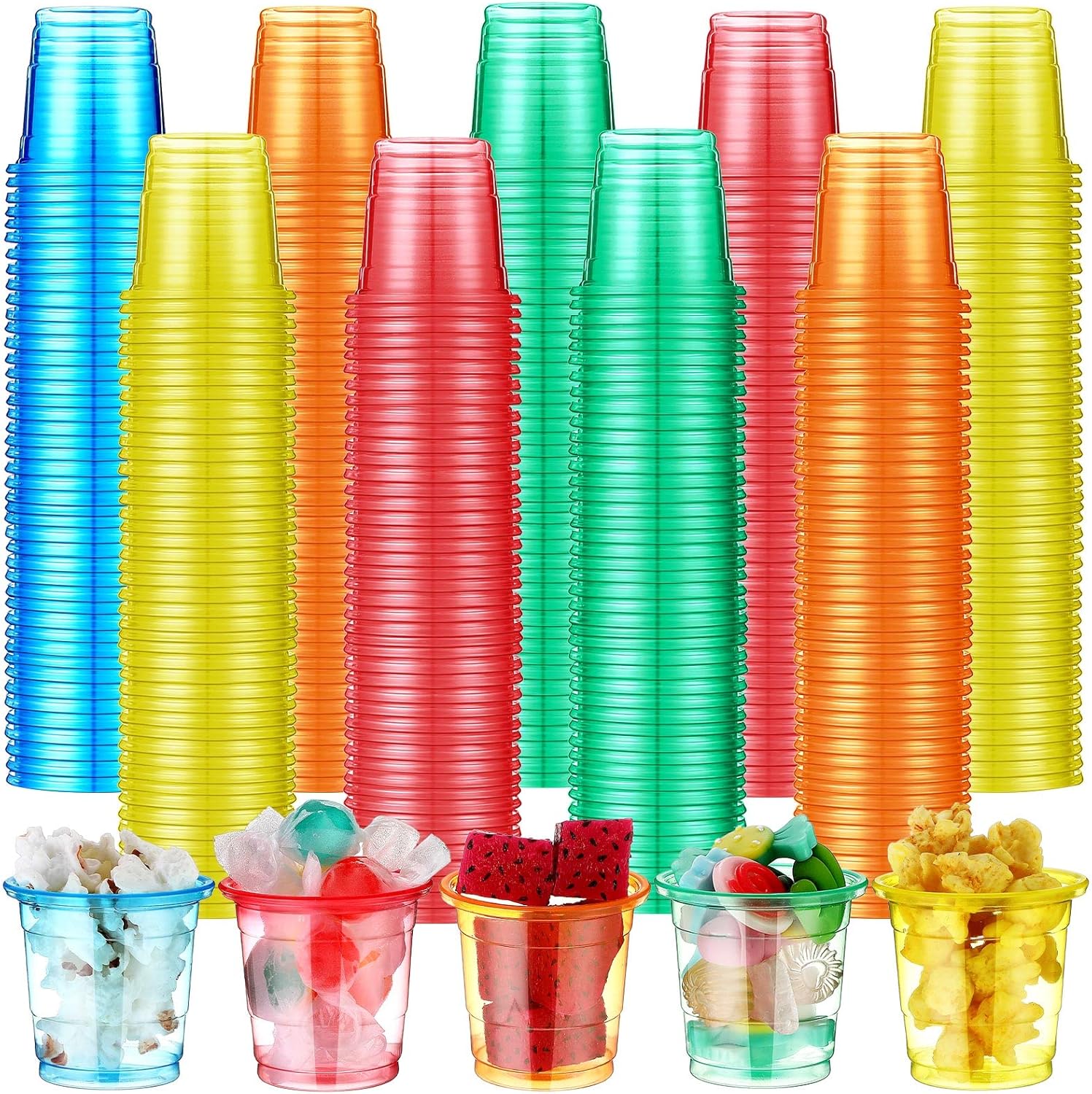 Nuanchu neon plastic shot glasses front view for bulk party supplies.