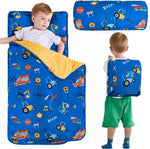 DJY Toddler Nap Mat front view featuring the vibrant blue car design pattern.