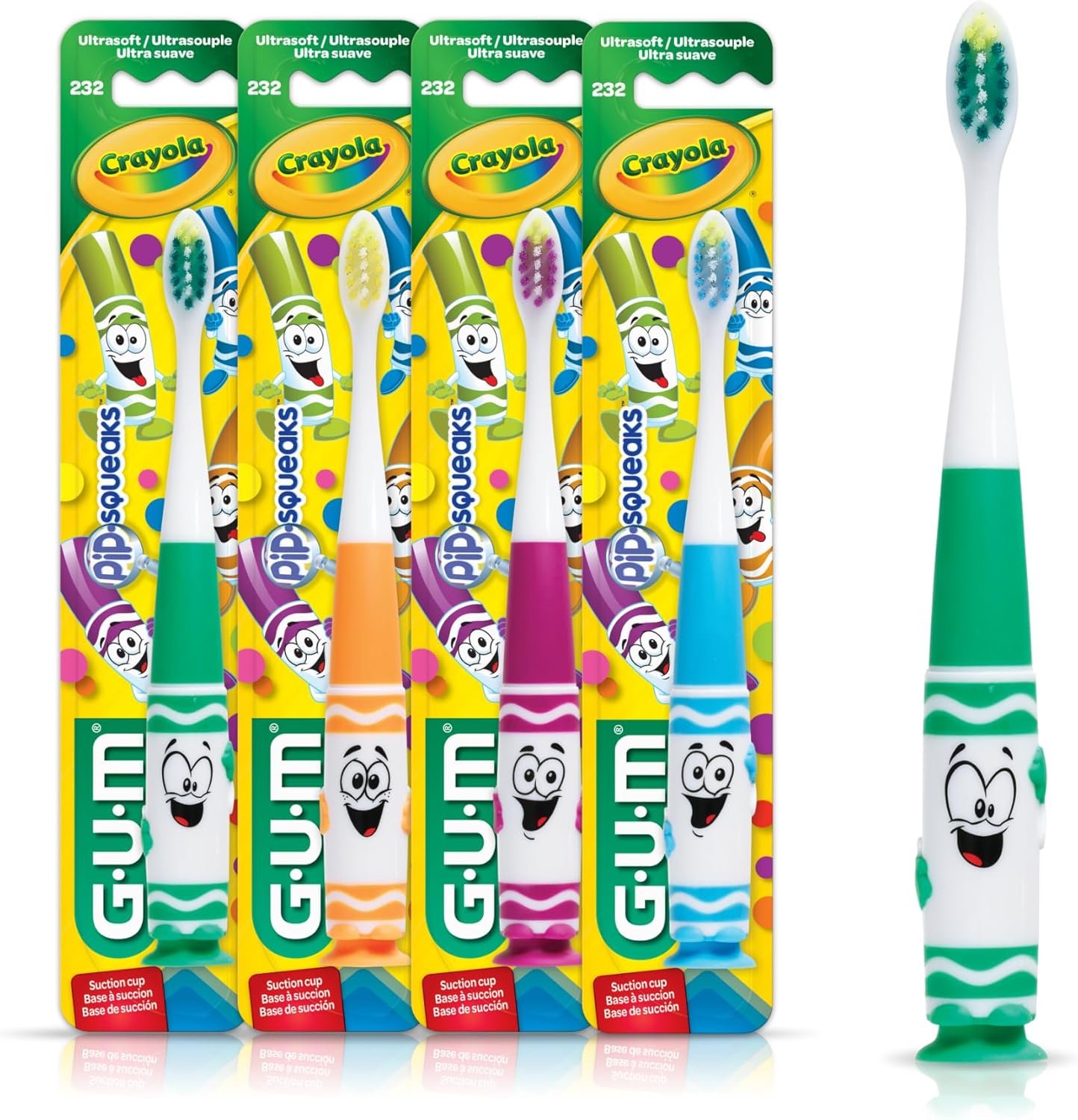 GUM Crayola Pip-Squeaks Kids Toothbrush 4 pack front view showing colorful marker-shaped handles and suction bases.