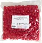 Texture detail of soft and chewy jumbo red cinnamon jelly bean sweets close up.