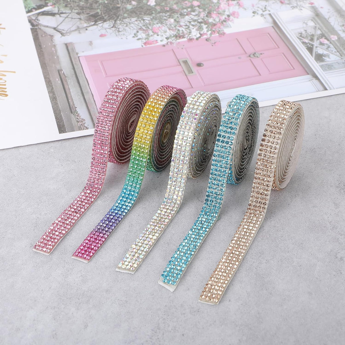 Close up of 6 rolls crystal rhinestone tape adhesive backing