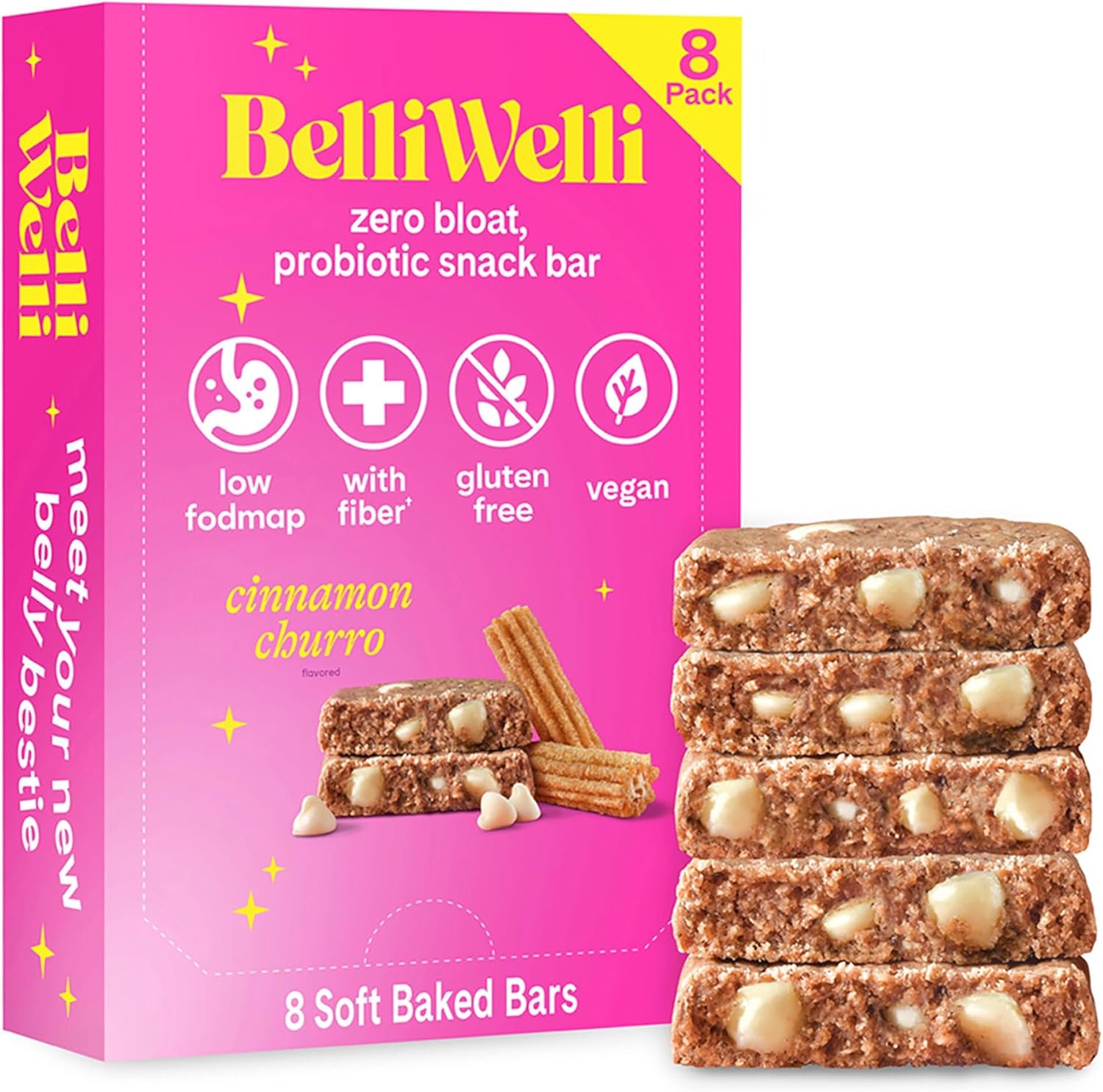 BelliWelli Cinnamon Churro Probiotic Snack Bar 8 pack box front view