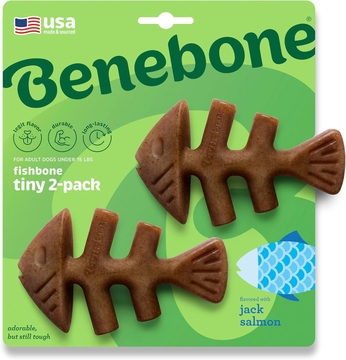 Benebone Tiny Fishbone dog chew toy front view pack of two.