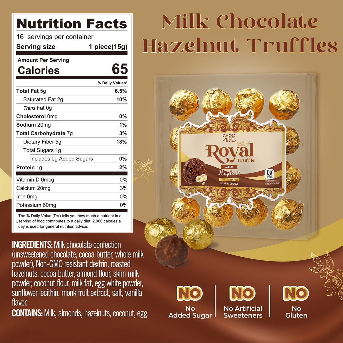 ChocZero sugar free keto chocolate truffles packaging showing nutritional highlights