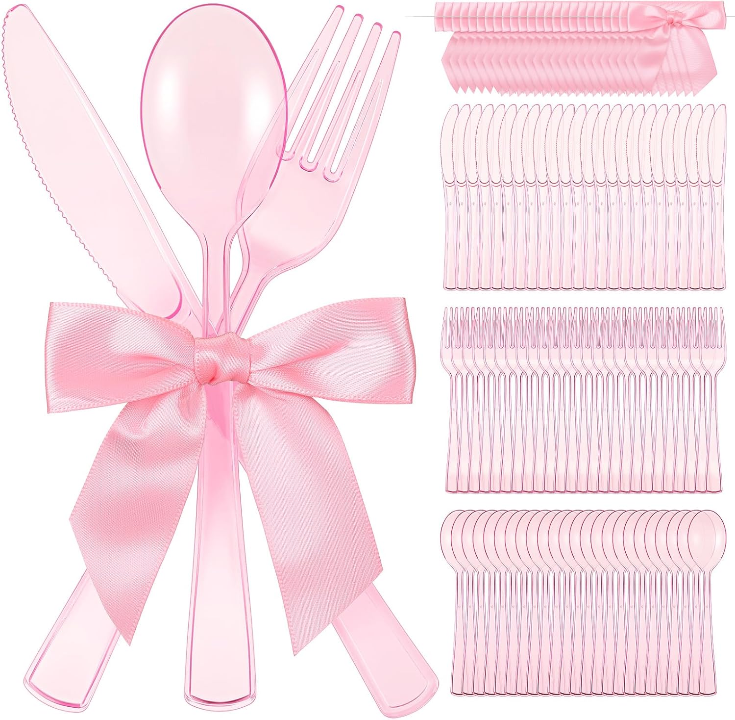 Minatee pink plastic cutlery set front view of complete place setting with bow for birthday parties