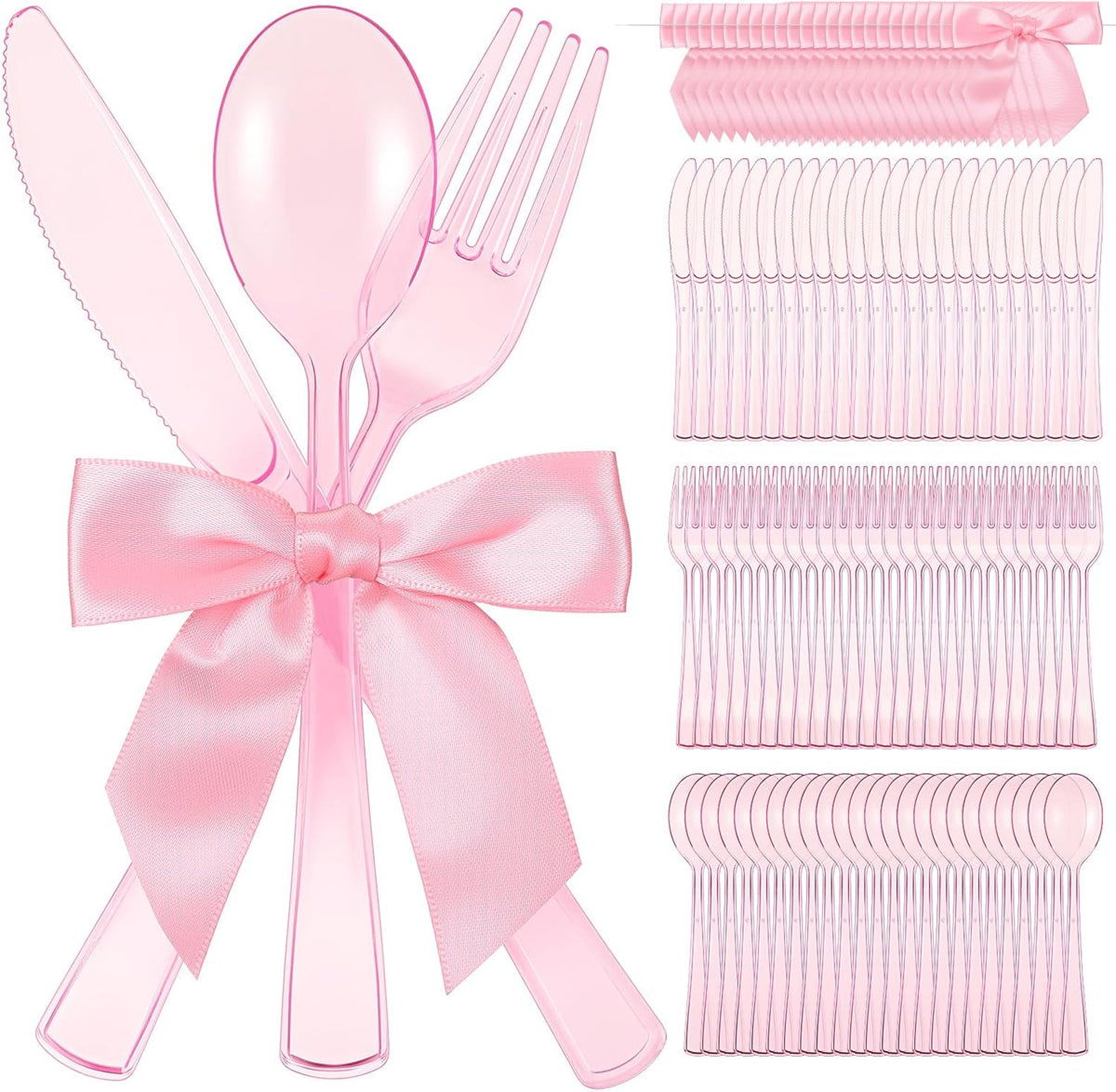 Minatee pink plastic cutlery set front view of complete place setting with bow for birthday parties