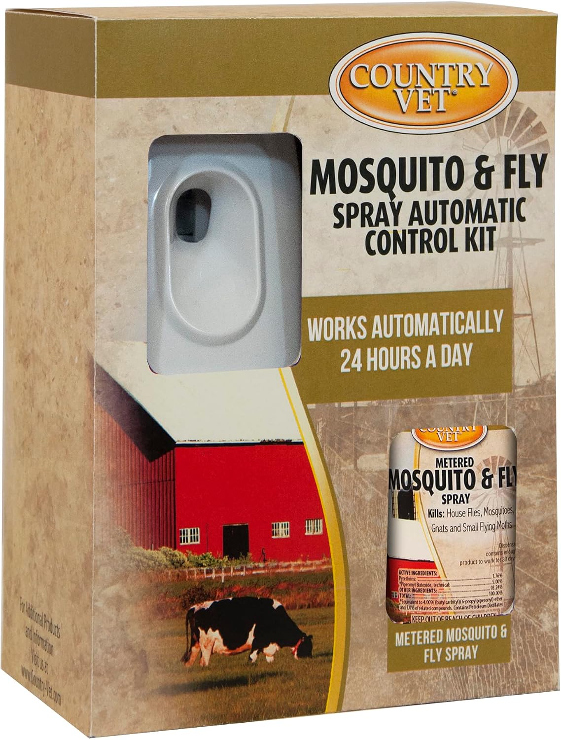Country Vet Equine mosquito control kit front view showing dispenser box and refill aerosol can