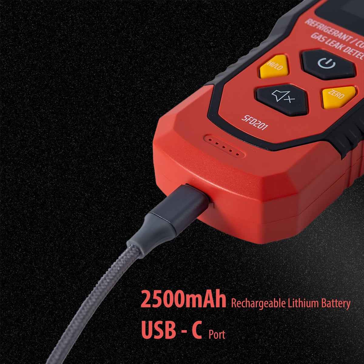 SENSYX SFD201 rechargeable gas detector being charged with a USB Type-C cable