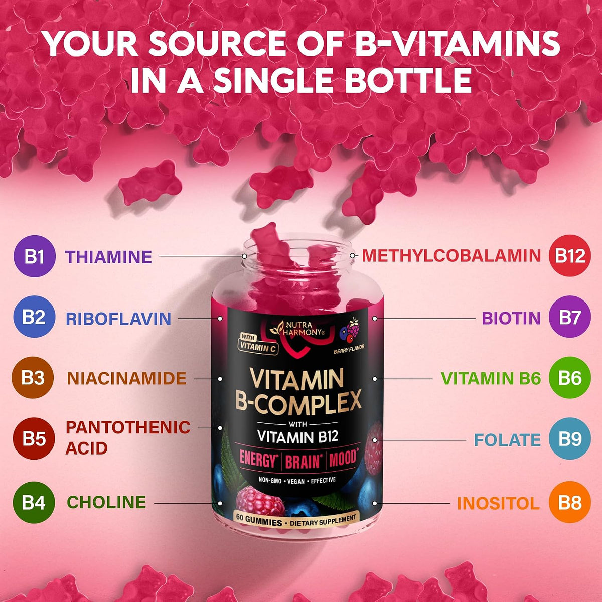 NutraHarmony Vitamin B-Complex gummies close up of berry flavored gummies