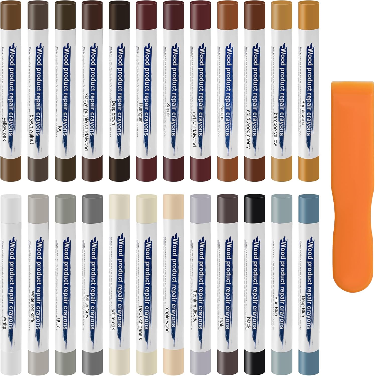 Anglekai 24 Pieces Furniture Repair Kit front view showcasing multiple colorful wood filler wax sticks for scratch restoration.