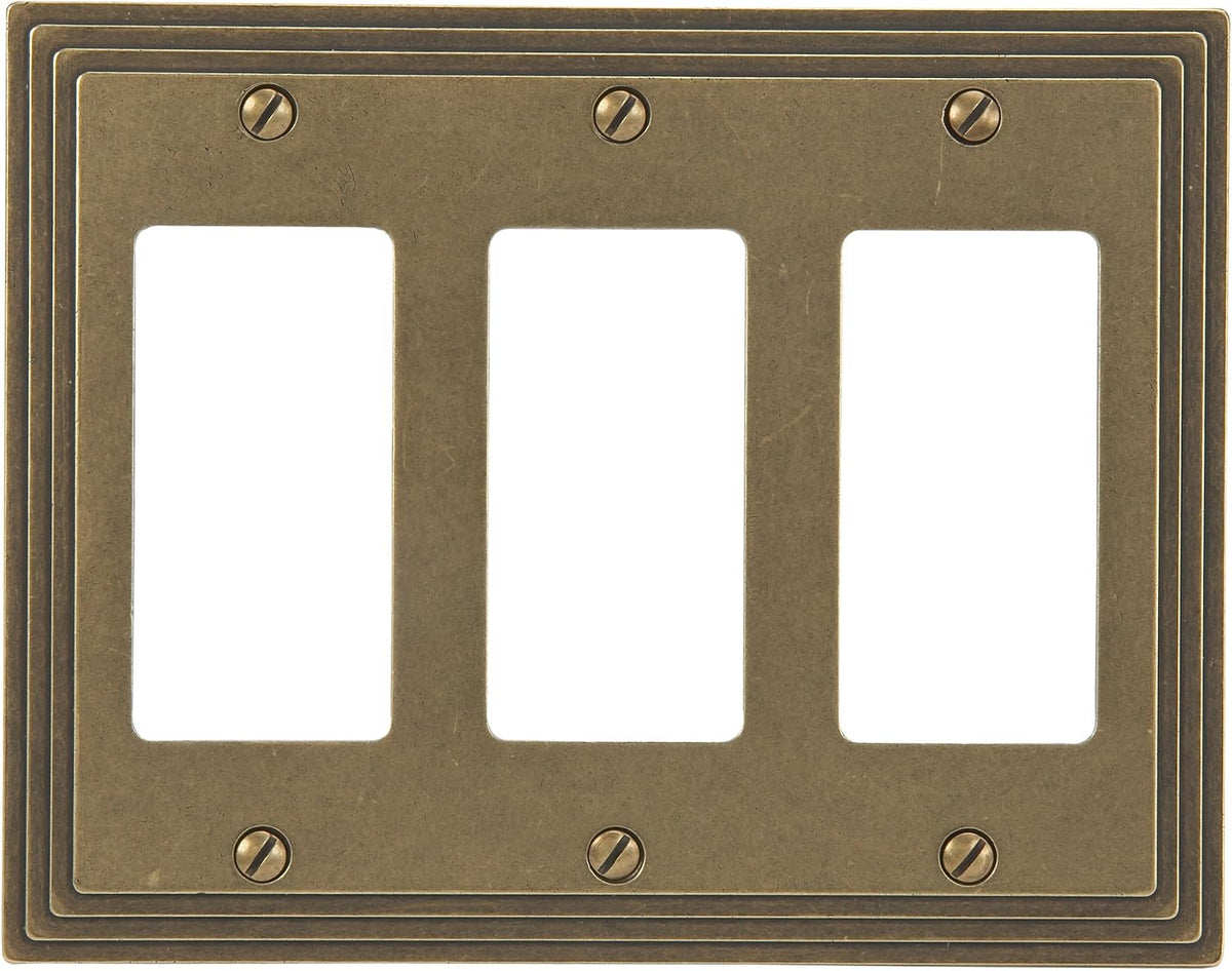 Amerelle Steps Triple Rocker Cast Metal Wallplate Rustic Brass front view