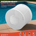Bottom view of the replacement skimmer basket showing the integrated brass weight cylinder.