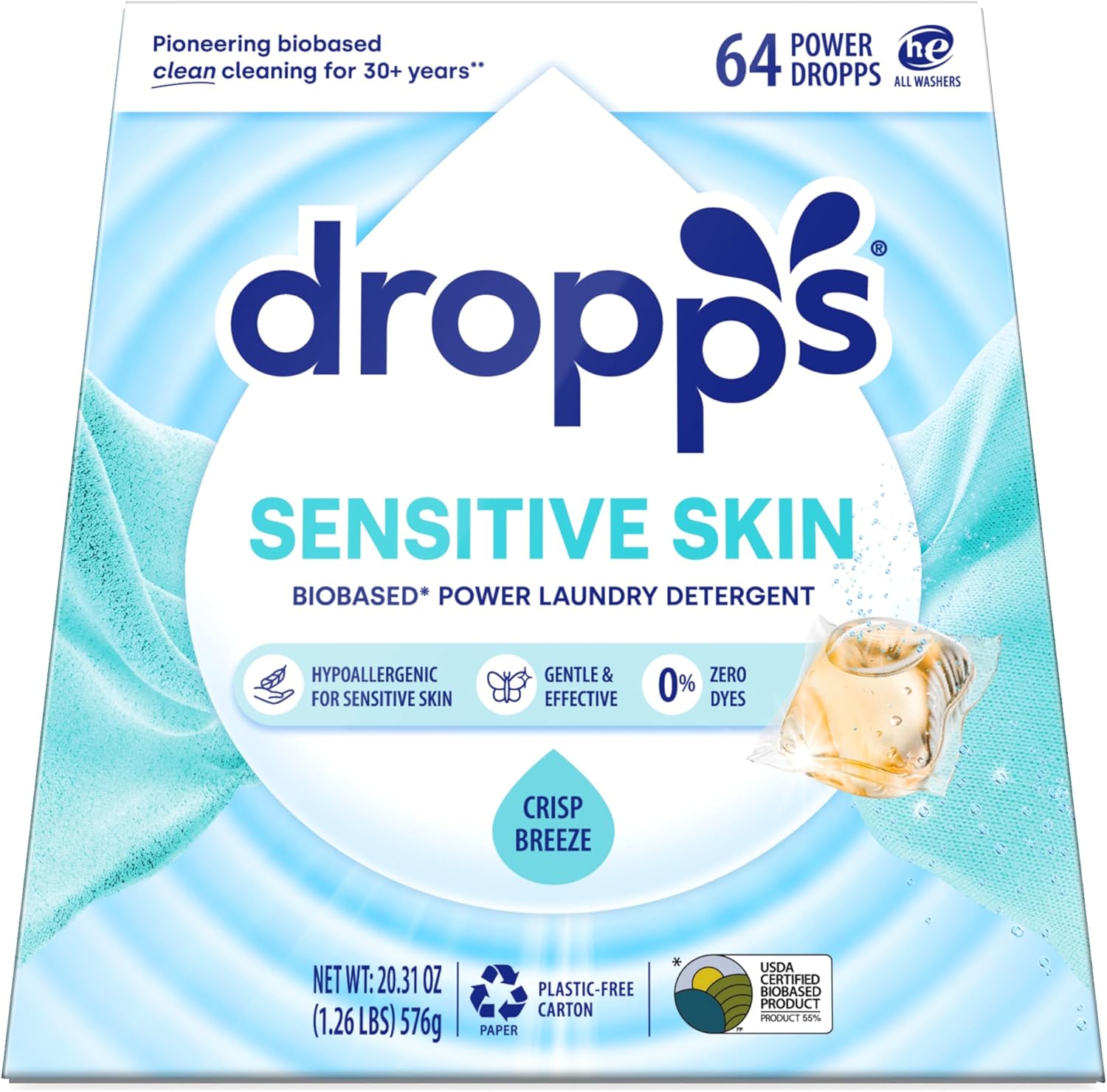 Dropps Sensitive Skin Laundry Detergent Pods front view plant-based laundry supplies