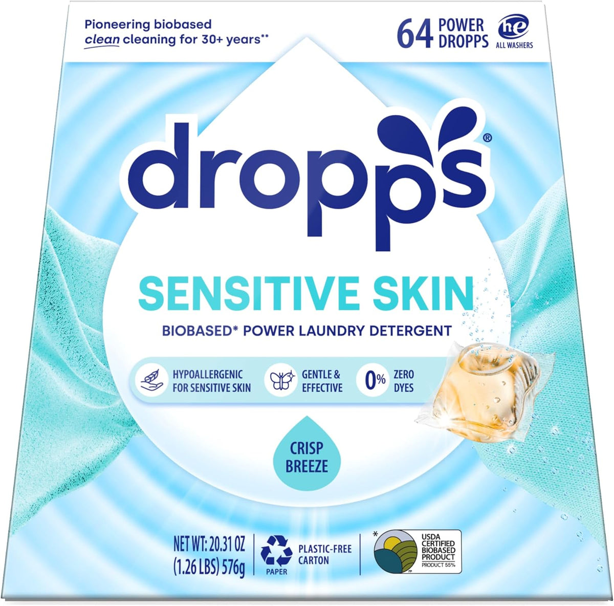 Dropps Sensitive Skin Laundry Detergent Pods front view plant-based laundry supplies