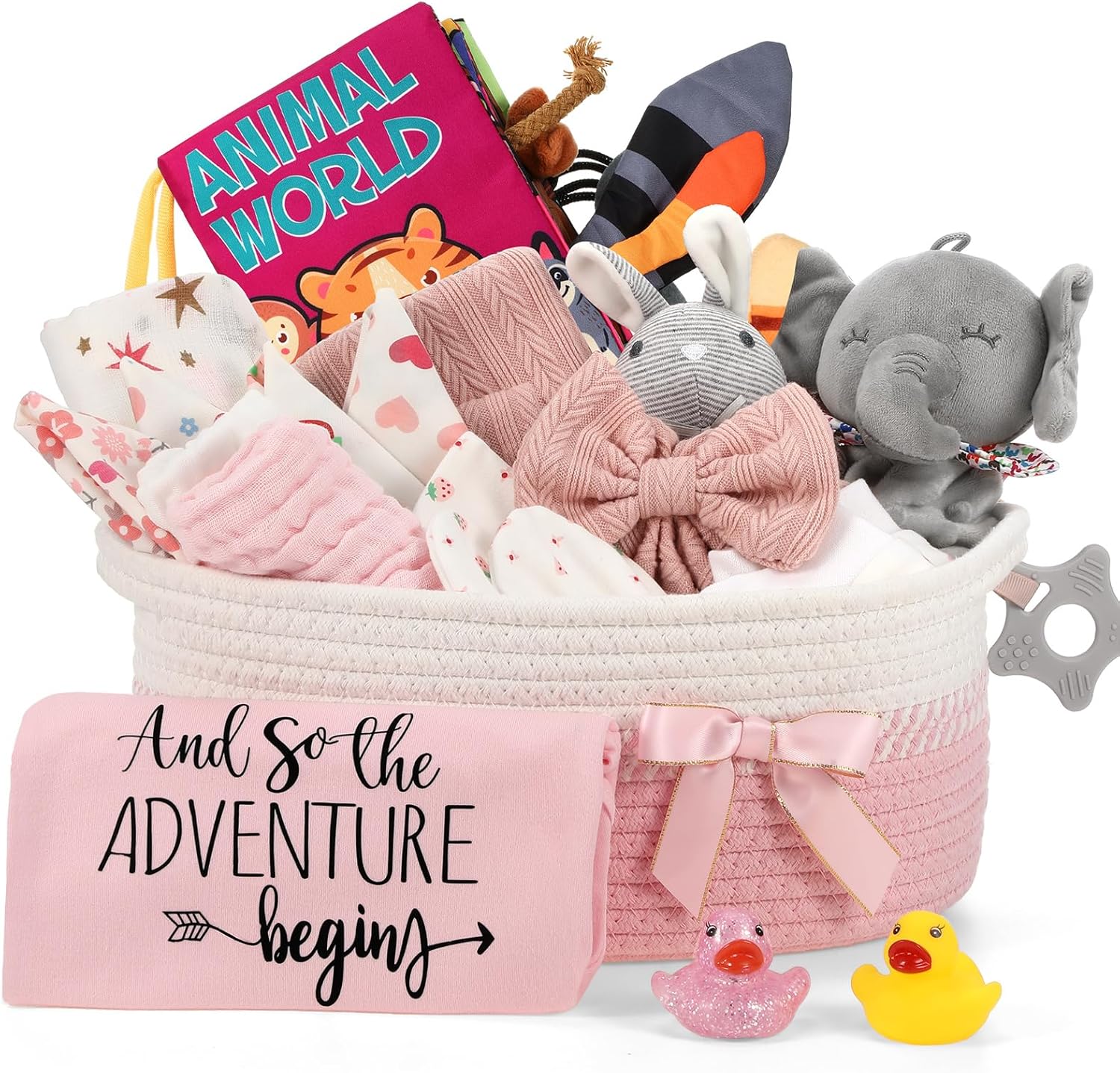 Zopeal 22 Piece Deluxe New Baby Gift Basket front view highlighting the pink themed newborn essentials arranged inside the woven caddy