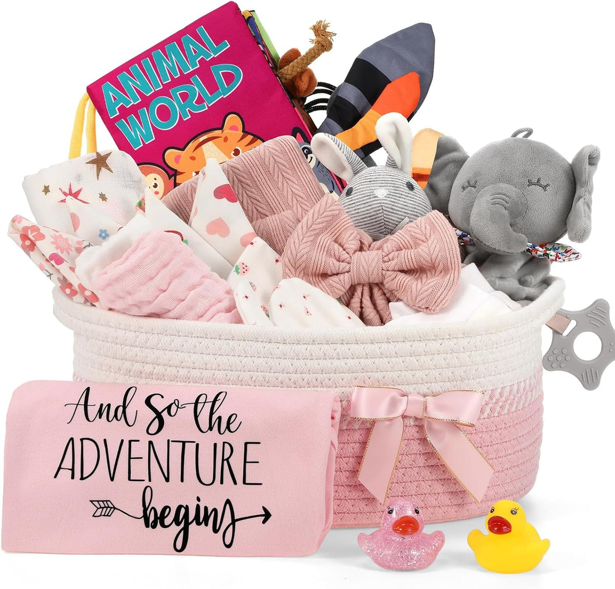 Zopeal 22 Piece Deluxe New Baby Gift Basket front view highlighting the pink themed newborn essentials arranged inside the woven caddy