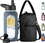 CIVAGO 64 oz Glass Water Bottle with Straw and Insulated Bottle Holder | Half Gallon Motivational Water Jug with Time Marker and Silicone Sleeve, Large Leakproof Water Flask with 2 Lids, Black - Image 11