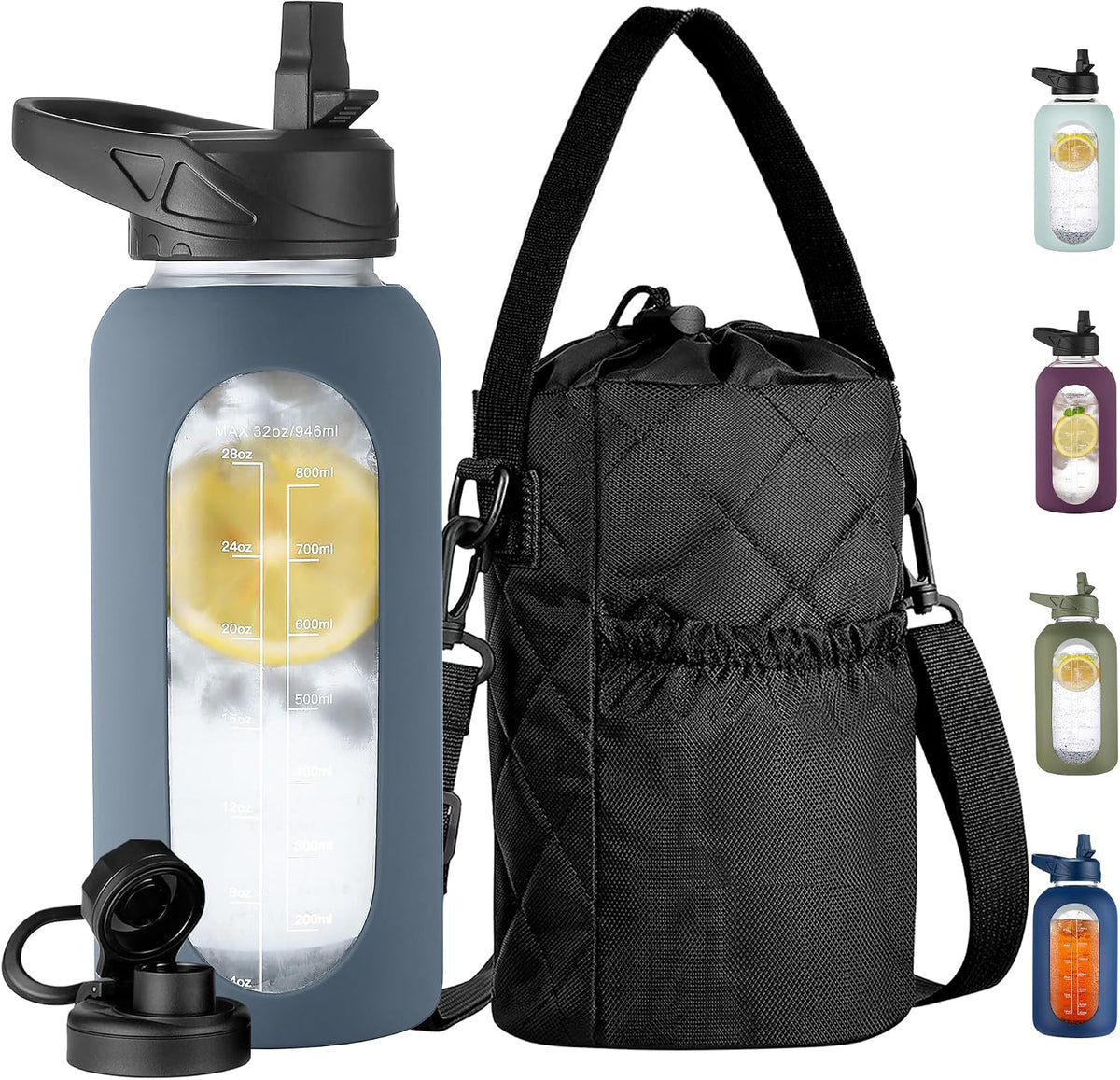 CIVAGO 64 oz Glass Water Bottle with Straw and Insulated Bottle Holder | Half Gallon Motivational Water Jug with Time Marker and Silicone Sleeve, Large Leakproof Water Flask with 2 Lids, Black - Image 11