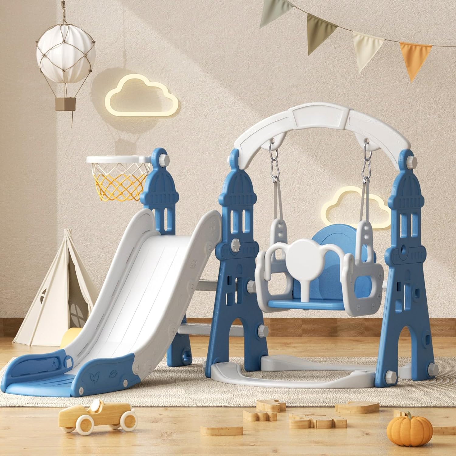 Yufu 4-in-1 Toddler Slide and Swing Set blue front view